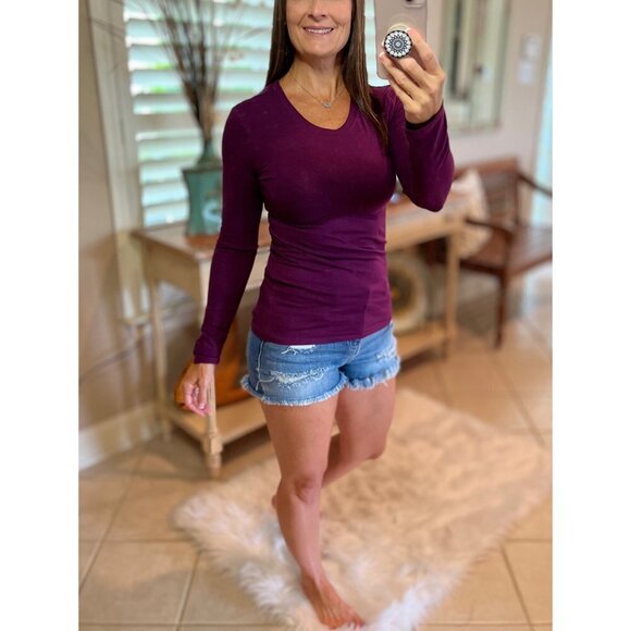 Round Neck Slimming Long Sleeve Cotton Top Eggplant 0323 - Picture 2 of 5